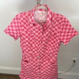 Cute pink check denim shorts jumpsuit.